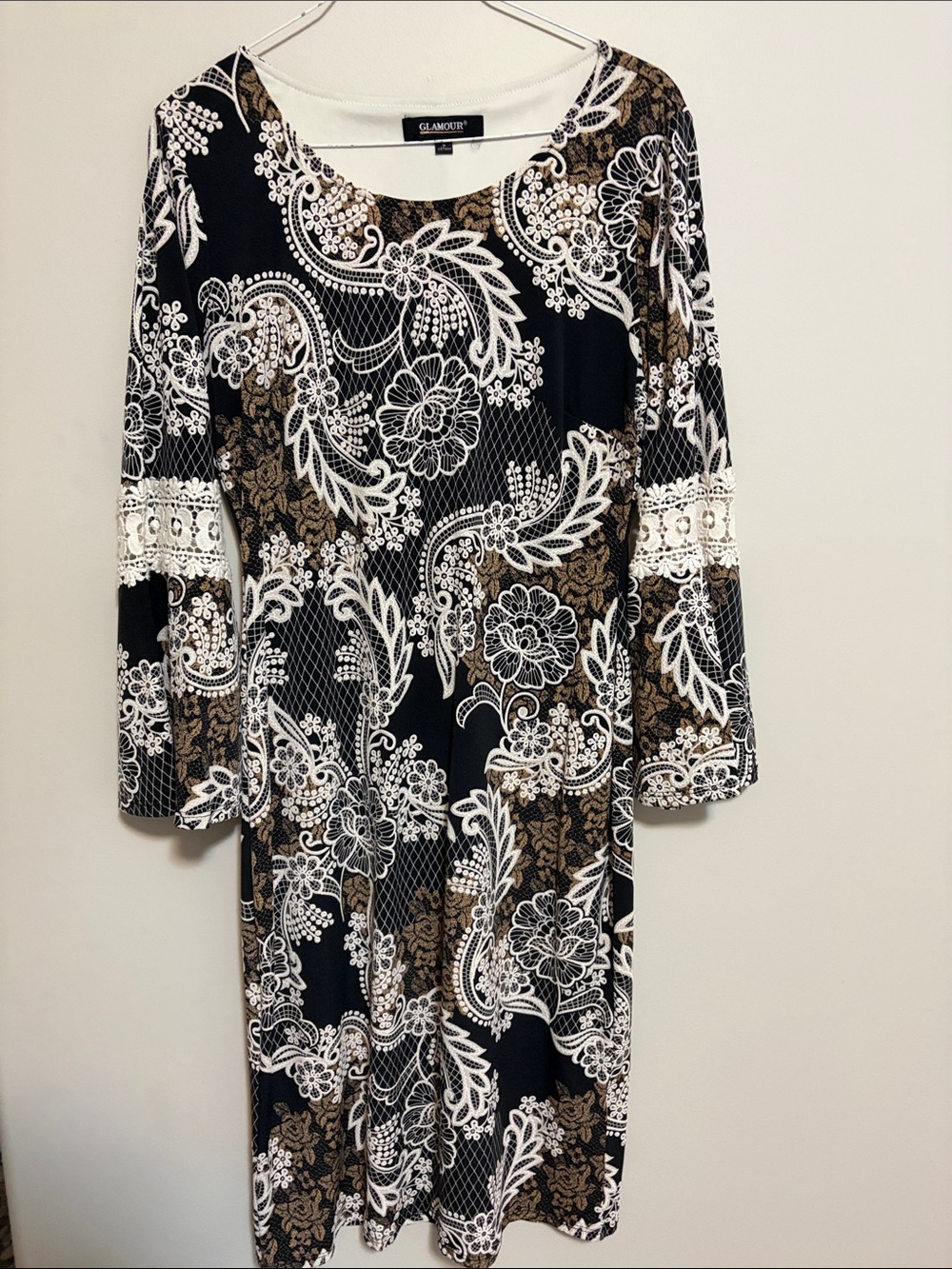 Glamour Black, White & Gold Lace-Print Long Sleeve Dress